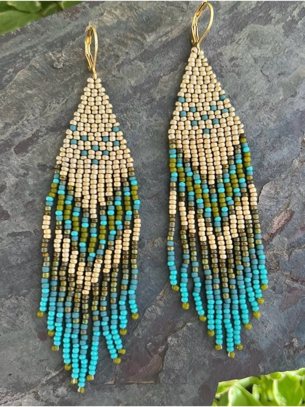 Handcrafted Beaded Fringe Earrings - Turquoise & Gold Accent